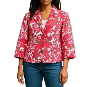Kasper Sportswear Blazer Size 8P Pink Floral 3/4 Slit Cuffs Flap Pockets Cotton